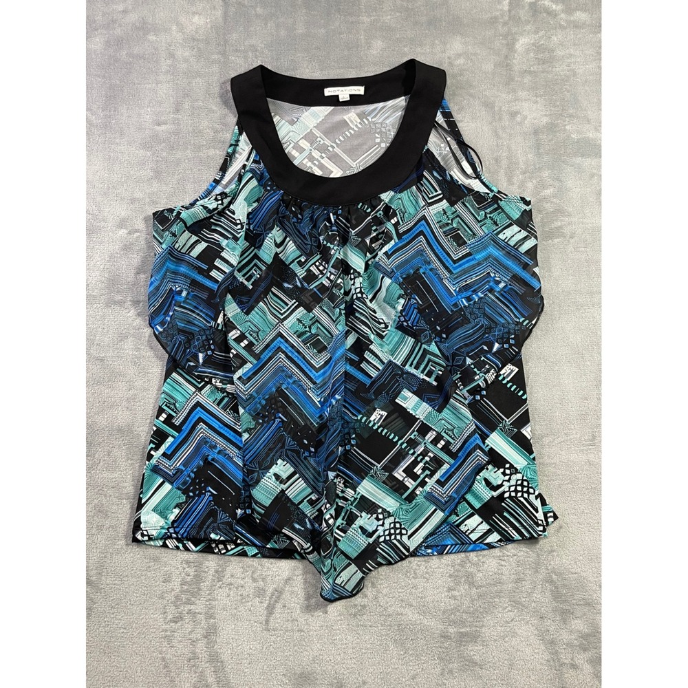 Notations Womens Blue Geometric Abstract Cold Shoulder Sleeveless Blouse Large